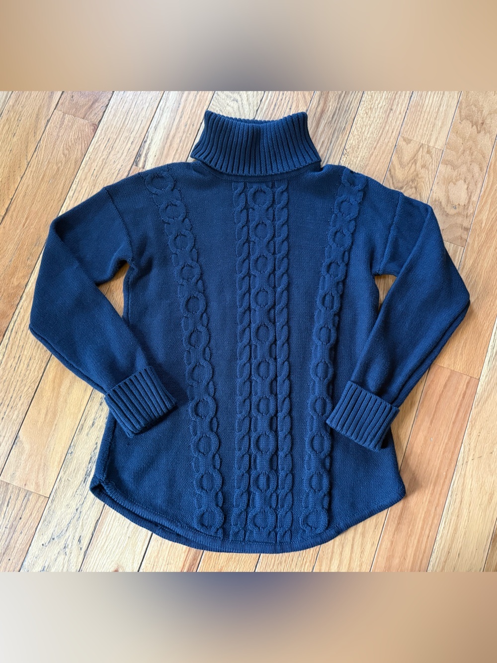 LL Bean Sweater Fisherman Cable Knit Turtleneck Pullover Navy Women’s Size XS - Picture 5 of 13